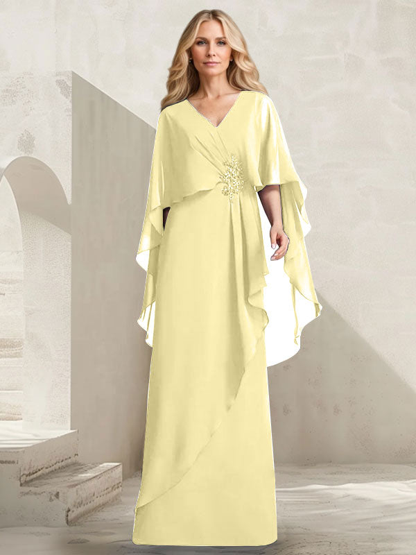 Vestido de gasa para madre de la novia con escote en V, corte A y largo hasta el suelo, con volantes en cascada y cuentas