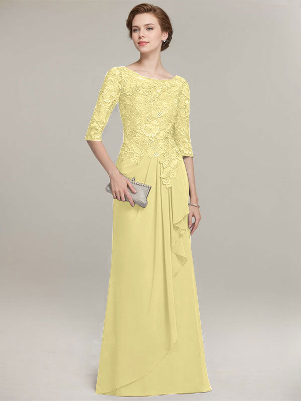 Vestido de gasa con encaje, corte A, escote ilusión, largo hasta el suelo, para madre de la novia con volantes en cascada