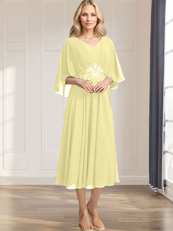 A-Linie V-Ausschnitt Wadenlanges Chiffonkleid für die Brautmutter mit plissierten Paillettenapplikationen Spitzenbesatz 