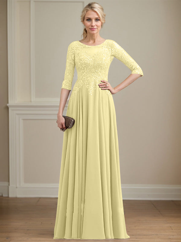 Vestido de gasa con encaje y lentejuelas para madre de la novia, corte A, escote ilusión, largo hasta el suelo