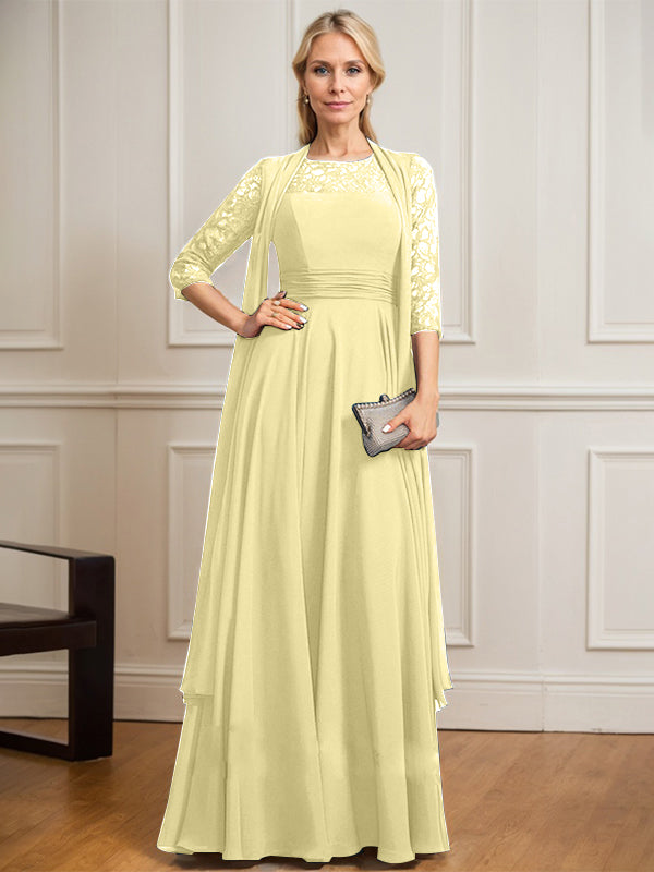 Vestido de gasa de encaje con ilusión de corte A hasta el suelo para madre de la novia con pliegues