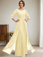 Vestido de gasa con encaje, ilusión, corte A, largo hasta el suelo, para madre de la novia, con volantes y cuentas