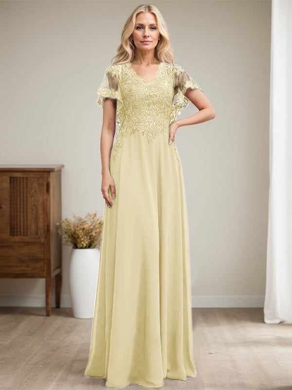 A-Linie V-Ausschnitt Bodenlanges Spitzenchiffonkleid für die Brautmutter mit Pailletten 