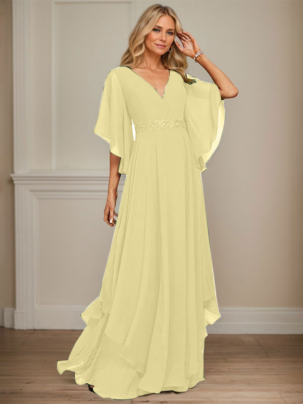 Vestido de gasa para madre de la novia, corte A, escote en V, largo hasta el suelo, con apliques de lentejuelas, encaje y abalorios