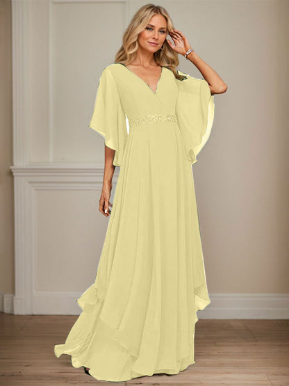 A-line V-Neck Floor-Length Chiffon Mother of the Bride Dress With Sequins Appliques Lace Beading