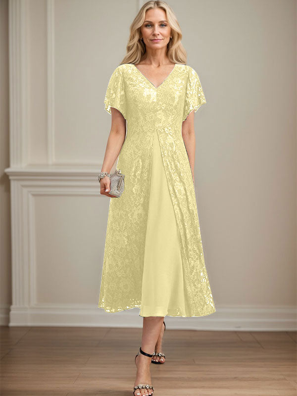 Vestido de gasa con encaje y escote en V para madre de la novia, largo hasta la rodilla