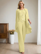 Vestido de madre de la novia de gasa con encaje, escote redondo y lentejuelas y mono/pantalón separado