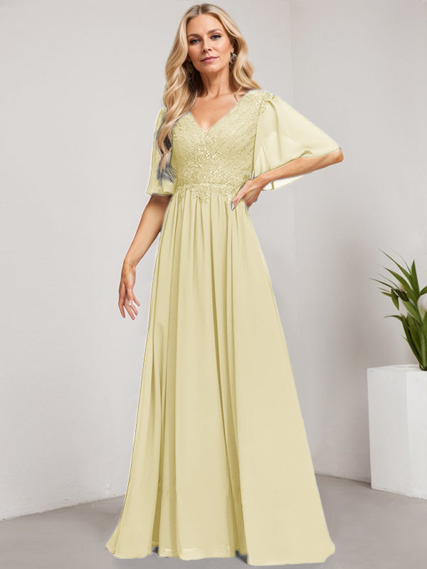 Vestido de madre de la novia de gasa con encaje, escote en V y lentejuelas, largo hasta el suelo