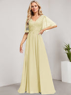 Vestido de madre de la novia de gasa con encaje, escote en V y lentejuelas, largo hasta el suelo