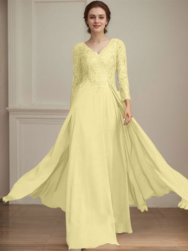 A-Linie V-Ausschnitt Bodenlanges Spitzen-Chiffon-Kleid für die Brautmutter mit Pailletten 