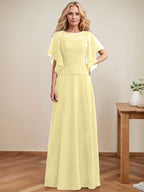 Vestido de gasa con encaje y lentejuelas para madre de la novia, corte A, escote ilusión, largo hasta el suelo