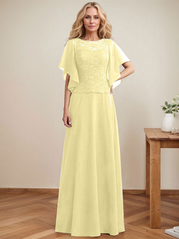 Vestido de gasa con encaje y lentejuelas para madre de la novia, corte A, escote ilusión, largo hasta el suelo