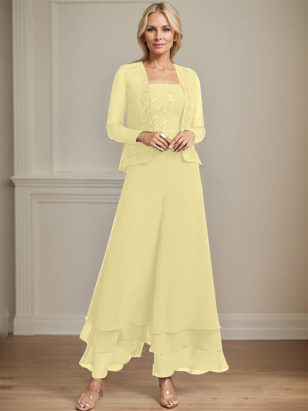 Vestido de madre de la novia de gasa con encaje y lentejuelas, largo hasta los tobillos, con mono/pantalón separado