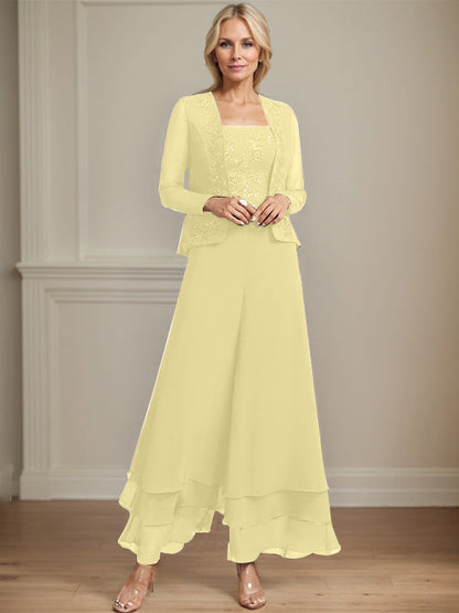 Separates Jumpsuit/Hosenanzug Quadratisches Knöchellanges Spitzenchiffonkleid für die Brautmutter mit Pailletten 