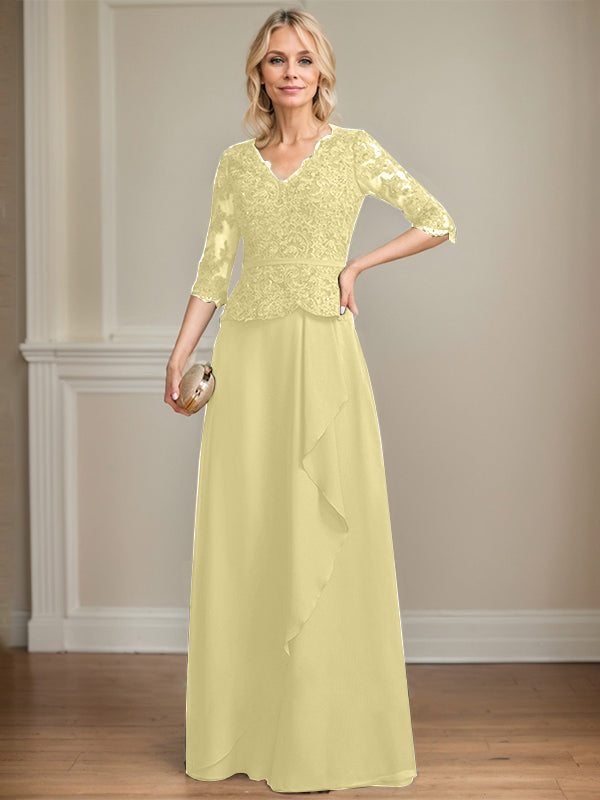 A-Linie V-Ausschnitt Bodenlanges Spitzen-Chiffon-Kleid für die Brautmutter mit kaskadierenden Rüschen und Pailletten 