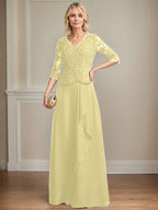 A-Linie V-Ausschnitt Bodenlanges Spitzen-Chiffon-Kleid für die Brautmutter mit kaskadierenden Rüschen und Pailletten 