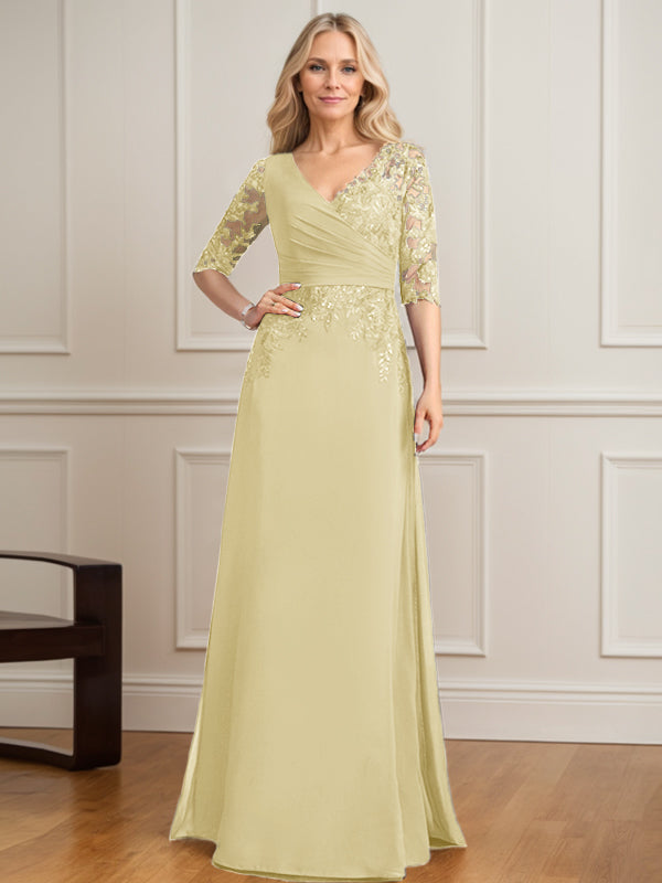 Vestido de madre de la novia de gasa con encaje, escote en V y lentejuelas plisadas hasta el suelo