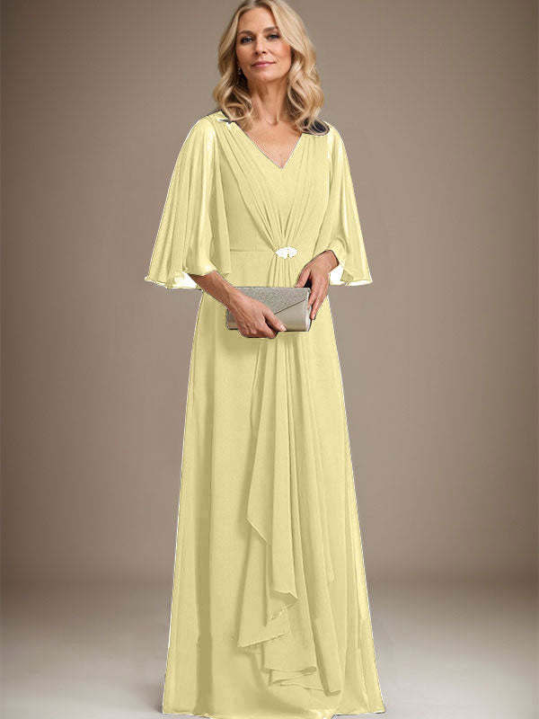 Vestido de gasa para madre de la novia, corte A, escote en V, largo hasta el suelo, con volantes en cascada y broche de cristal