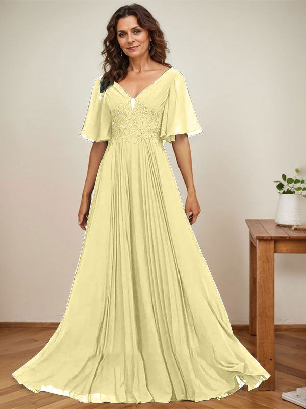 Vestido de gasa para madre de la novia, corte A, escote en V, largo hasta el suelo, con apliques de lentejuelas y encaje plisado