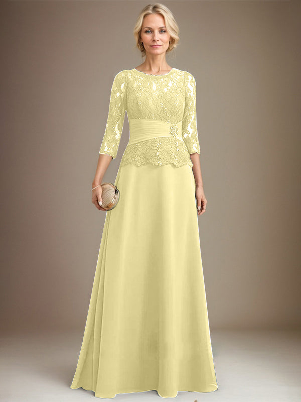 Vestido de gasa con encaje, corte A, ilusión, largo hasta el suelo, para madre de la novia, con lentejuelas plisadas y abalorios