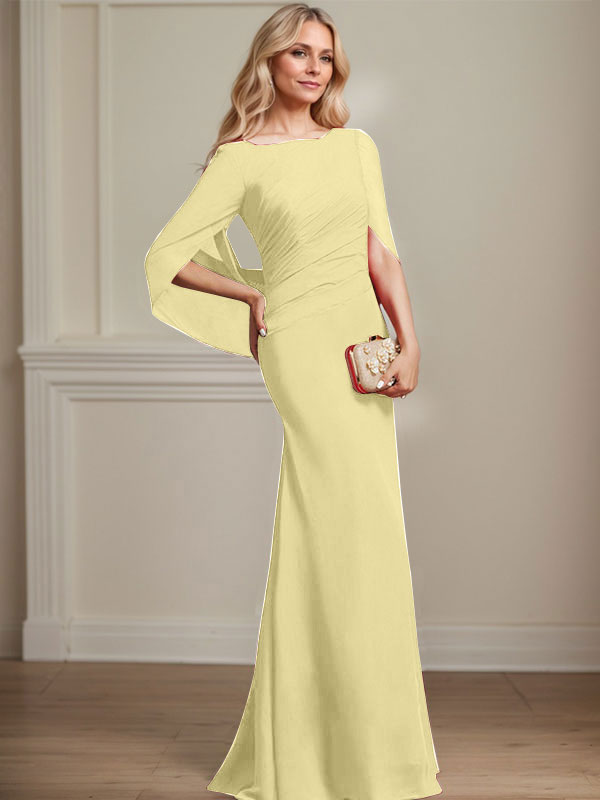 Vestido de madre de la novia de gasa con escote barco, corte trompeta/sirena, largo hasta el suelo, con pliegues