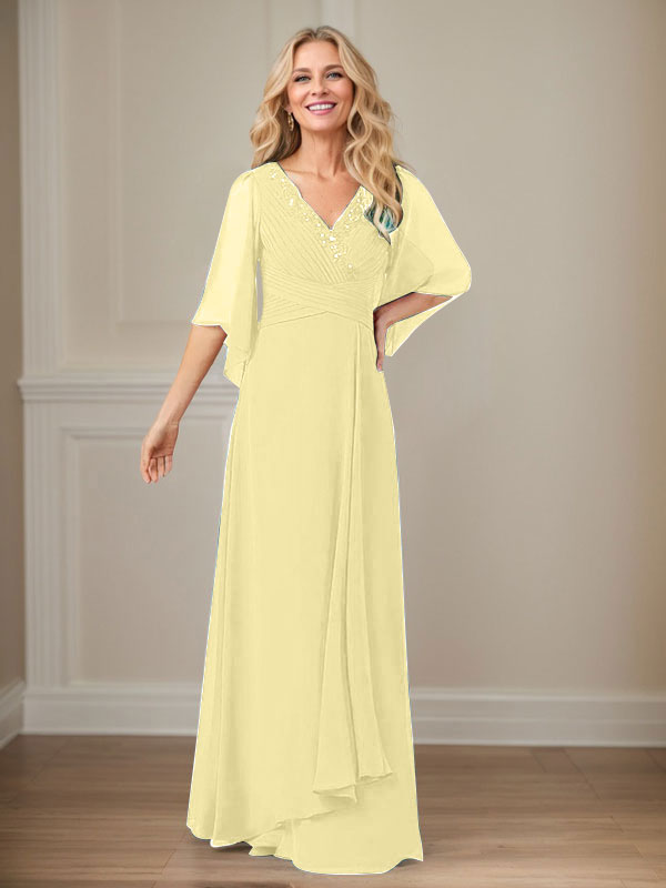 A-Linie V-Ausschnitt Lange Pailletten Chiffon Mutterkleid