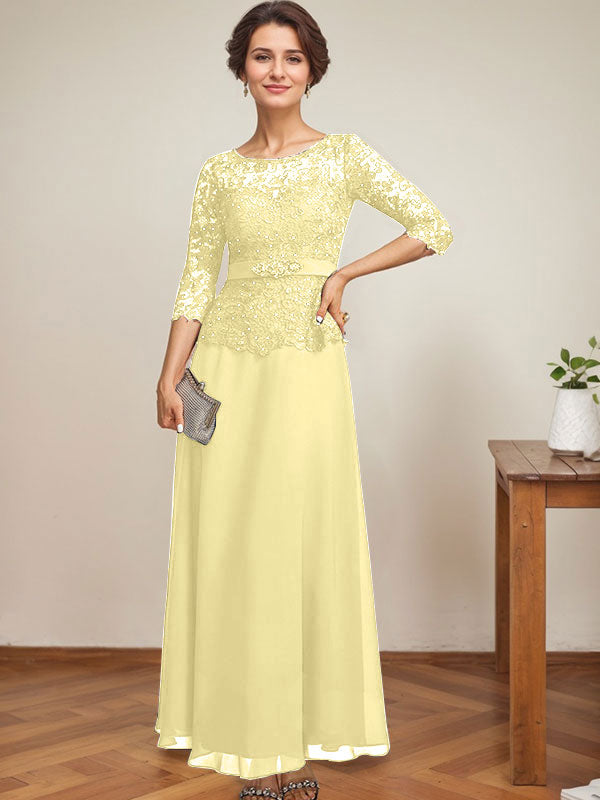 Vestido de gasa con encaje y escote en A, ilusión, largo hasta los tobillos, para madre de la novia con cuentas de diamantes de imitación
