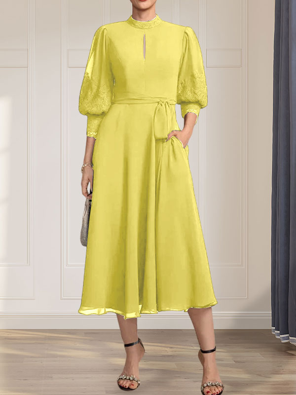 A-Linien-Kleid mit hohem Halsausschnitt und bodenlangem Spitzenchiffonkleid mit Schleife