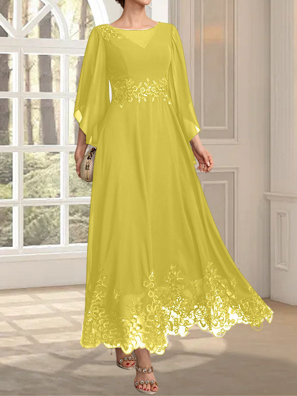 Vestido de gasa con encaje y lentejuelas para madre de la novia, corte A, escote ilusión, largo hasta los tobillos