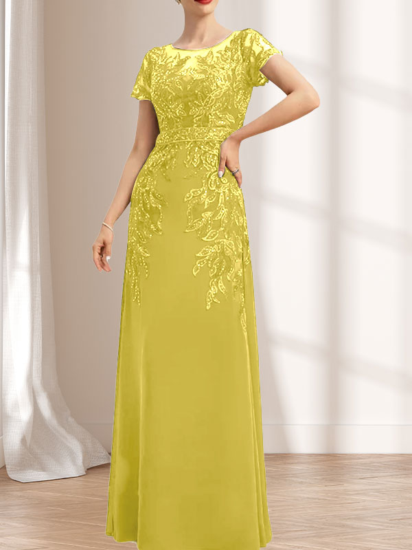 Vestido de madre de la novia de gasa con encaje, escote redondo, ilusión, largo hasta el suelo, con lentejuelas