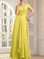 Vestido de madre de la novia de gasa con encaje, corte en A, escote corazón, largo hasta el suelo, con volantes en cascada y cuentas