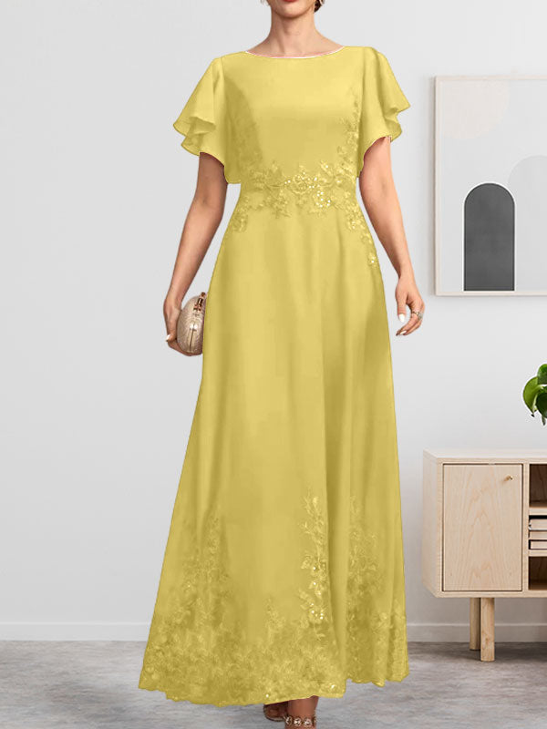 A-Linie U-Ausschnitt Knöchellang Spitzen-Chiffon-Kleid für die Brautmutter mit Pailletten