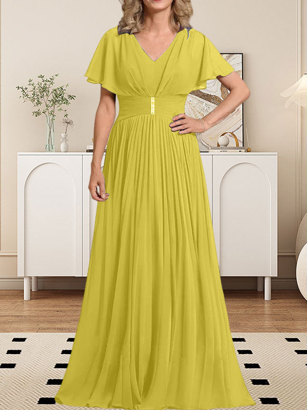Vestido de gasa para madre de la novia, corte A, escote en V, largo hasta el suelo, con broche de cristal y plisado