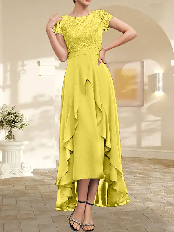 Vestido de madre de la novia de gasa asimétrica con escote en A, ilusión, encaje, lazo, volante y lentejuelas
