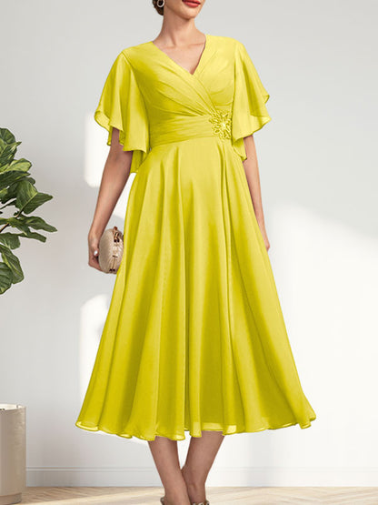 A-line V-Neck Tea-Length Chiffon Mother of the Bride Dress With Pleated Beading