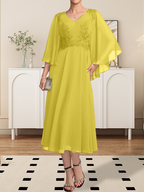 A-Linie V-Ausschnitt Wadenlanges Chiffon-Spitzenkleid für die Brautmutter mit Perlen und Pailletten