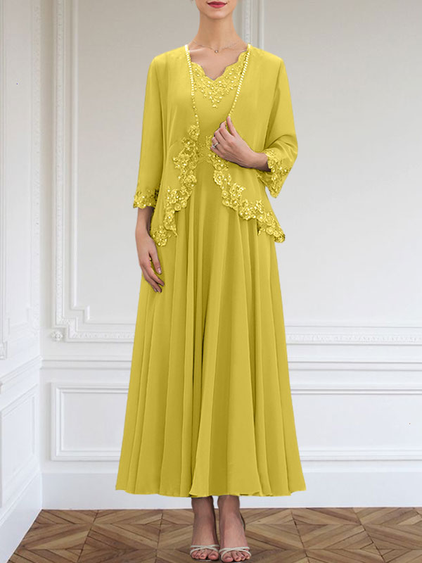 Vestido de gasa para madre de la novia, corte A, escote en V, largo hasta los tobillos, con apliques de lentejuelas, encaje y cuentas