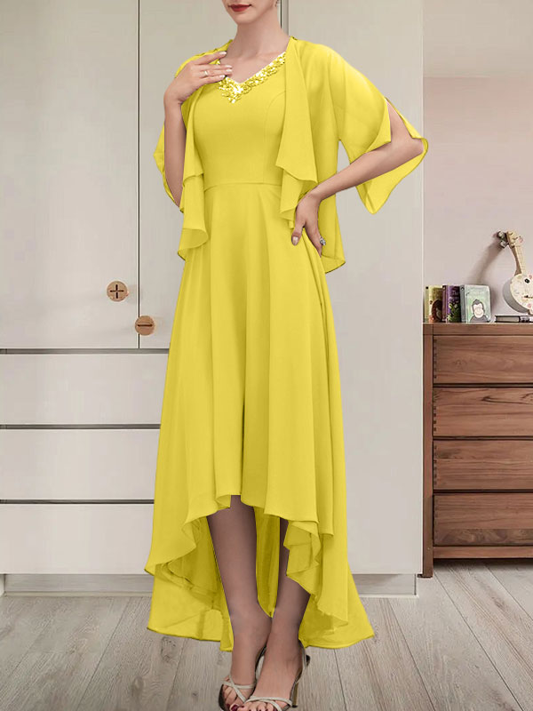 A-Linien-Kleid mit V-Ausschnitt, asymmetrischem Chiffon für die Brautmutter mit Perlen und Pailletten