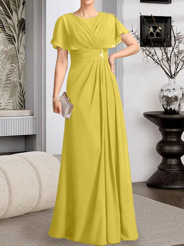 Vestido de gasa para madre de la novia con corte en A, escote redondo y largo hasta el suelo, con cuentas plisadas