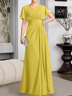 Vestido de gasa para madre de la novia con corte en A, escote redondo y largo hasta el suelo, con cuentas plisadas