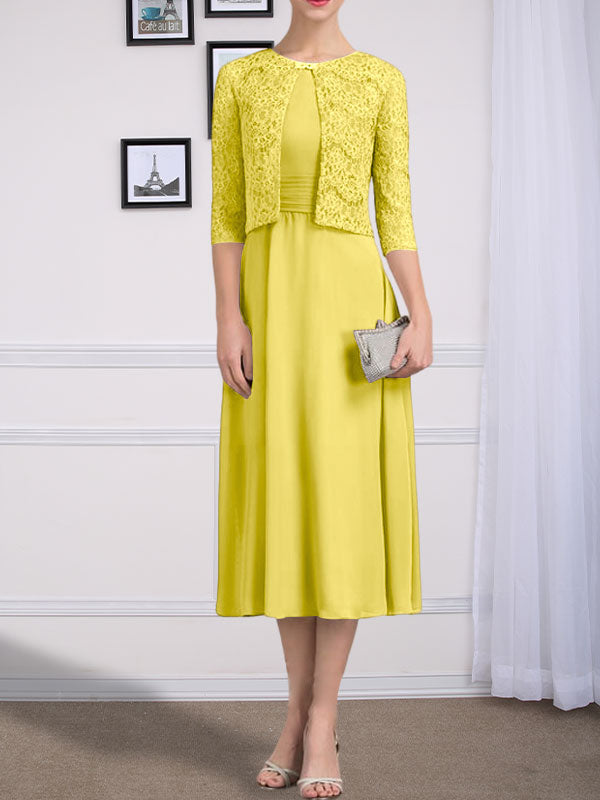 Vestido de gasa para madre de la novia con corte en A, escote redondo y largo hasta la rodilla con pliegues