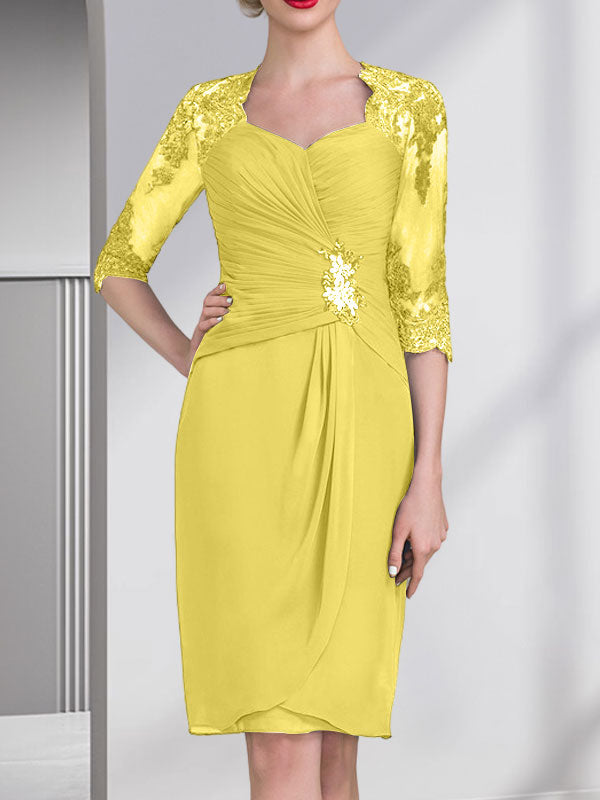 Vestido de gasa para madre de la novia con escote corazón, largo hasta la rodilla, con apliques de cuentas, encaje y lentejuelas plisado.