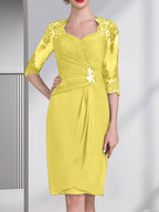 Vestido de gasa para madre de la novia con escote corazón, largo hasta la rodilla, con apliques de cuentas, encaje y lentejuelas plisado.