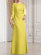 Vestido de gasa para madre de la novia con corte tubo/columna, escote redondo y largo hasta el suelo, con cuentas plisadas