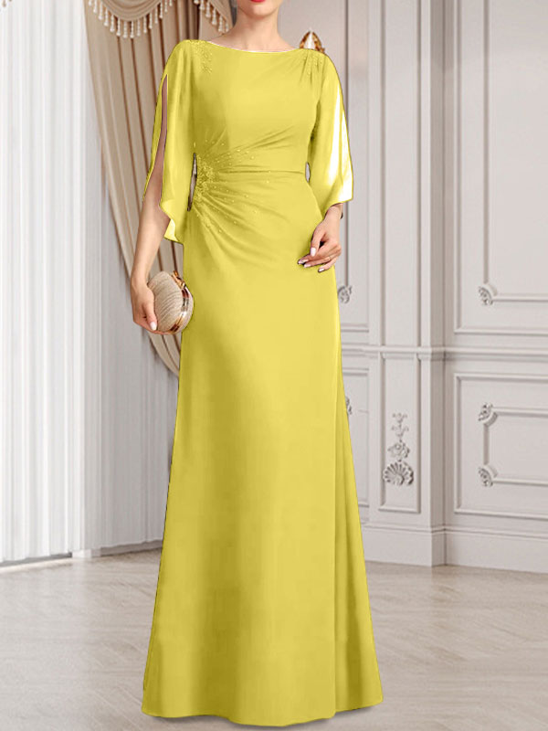 Vestido de gasa para madre de la novia con corte tubo/columna, escote redondo y largo hasta el suelo, con cuentas plisadas
