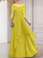 Vestido de gasa con encaje, corte A, escote ilusión, largo hasta el suelo, para madre de la novia con volantes en cascada