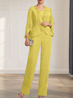 Vestido de gasa para madre de la novia, con escote en V y largo hasta el suelo, de mono/pantalón separado