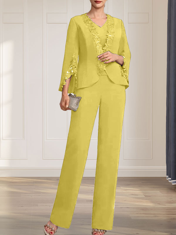 Vestido de gasa para madre de la novia, con escote en V y largo hasta el suelo, de mono/pantalón separado