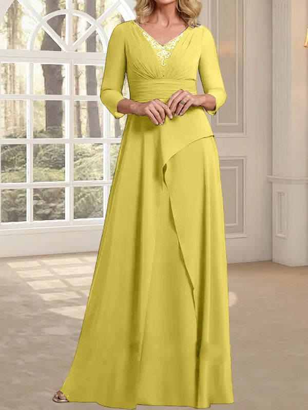 Vestido de gasa para madre de la novia con escote en V, largo hasta el suelo, con pliegues y cuentas
