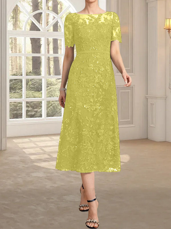 Vestido de madre de la novia de encaje con lentejuelas, corte A, escote ilusión y largo hasta la rodilla